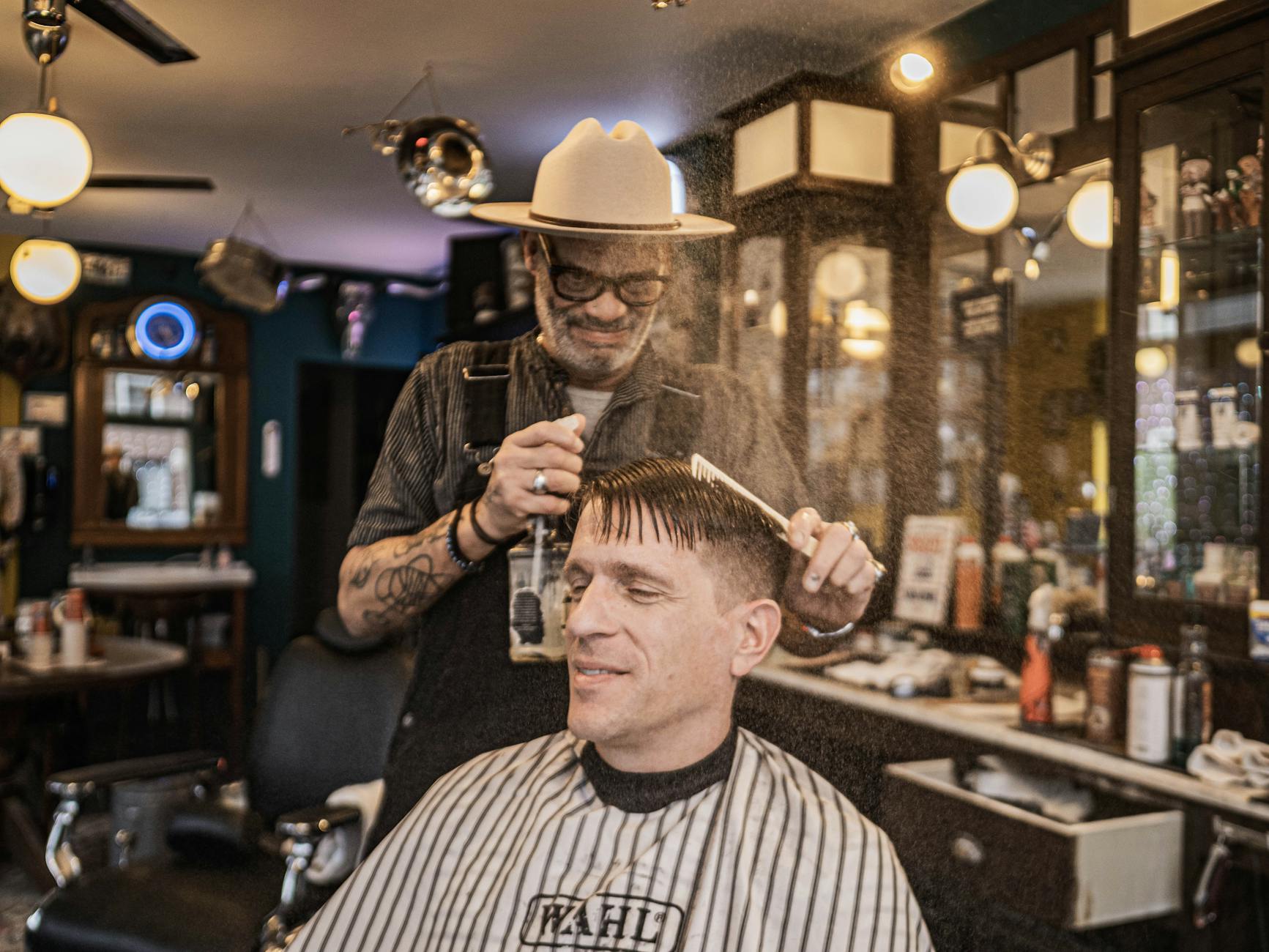 Interior of a traditional barbershop with warm lighting